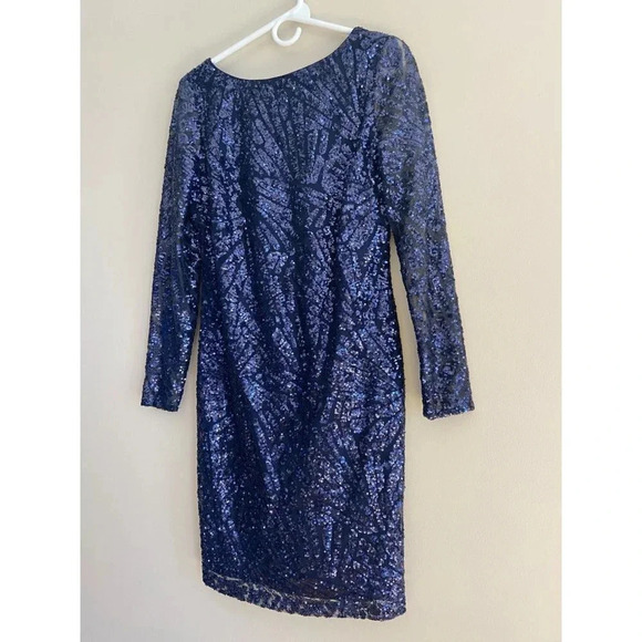 Marina Navy Blue Long Sleeve Sequin Sparkle Sheath Dress Size 8 - Picture 3 of 12